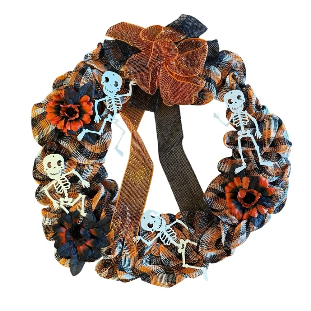 Halloween Mesh Wreath with Plaid Ribbon, Flowers & Cute Skeletons – 23″